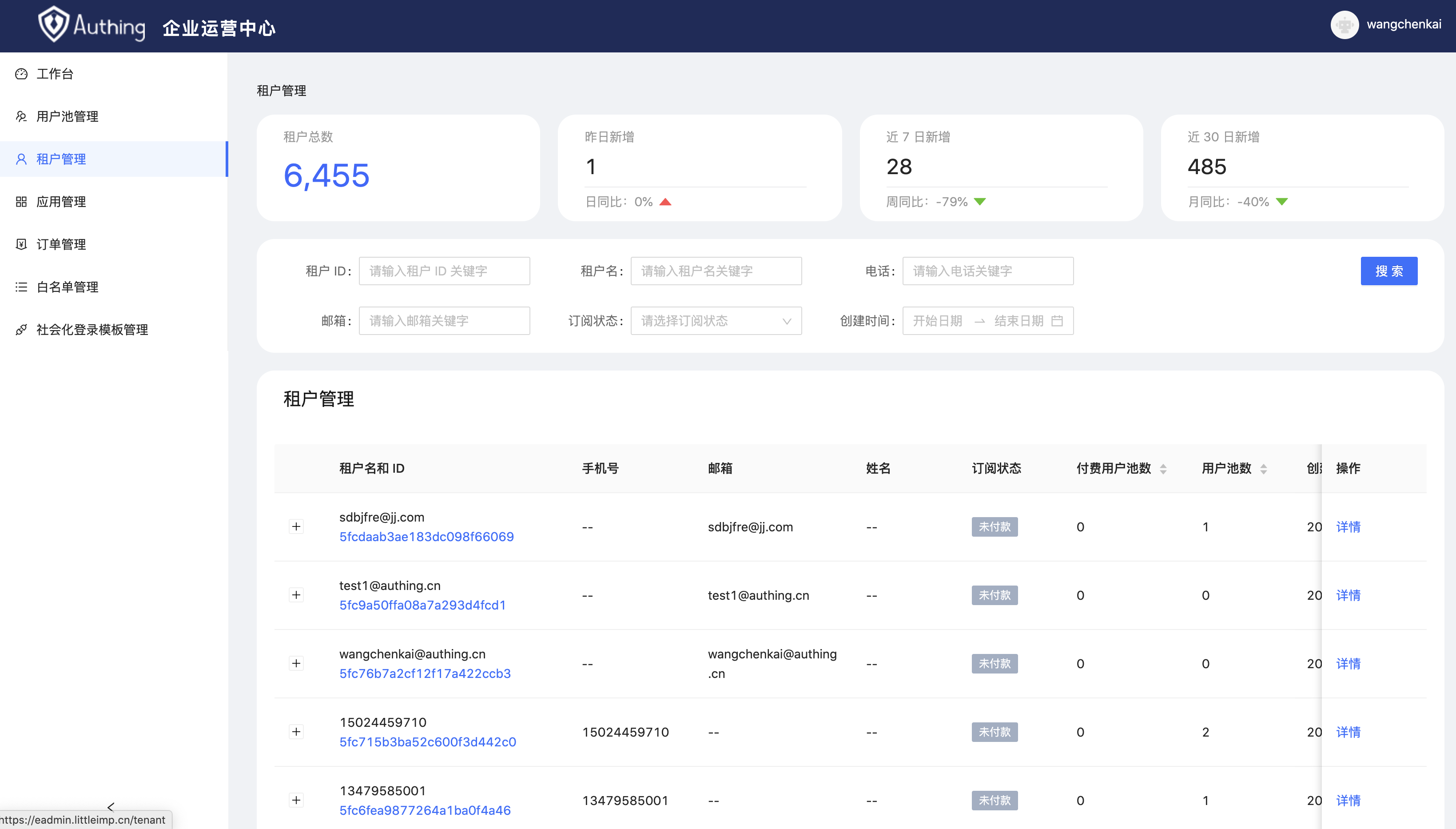 Authing 企业运营中心-租户管理