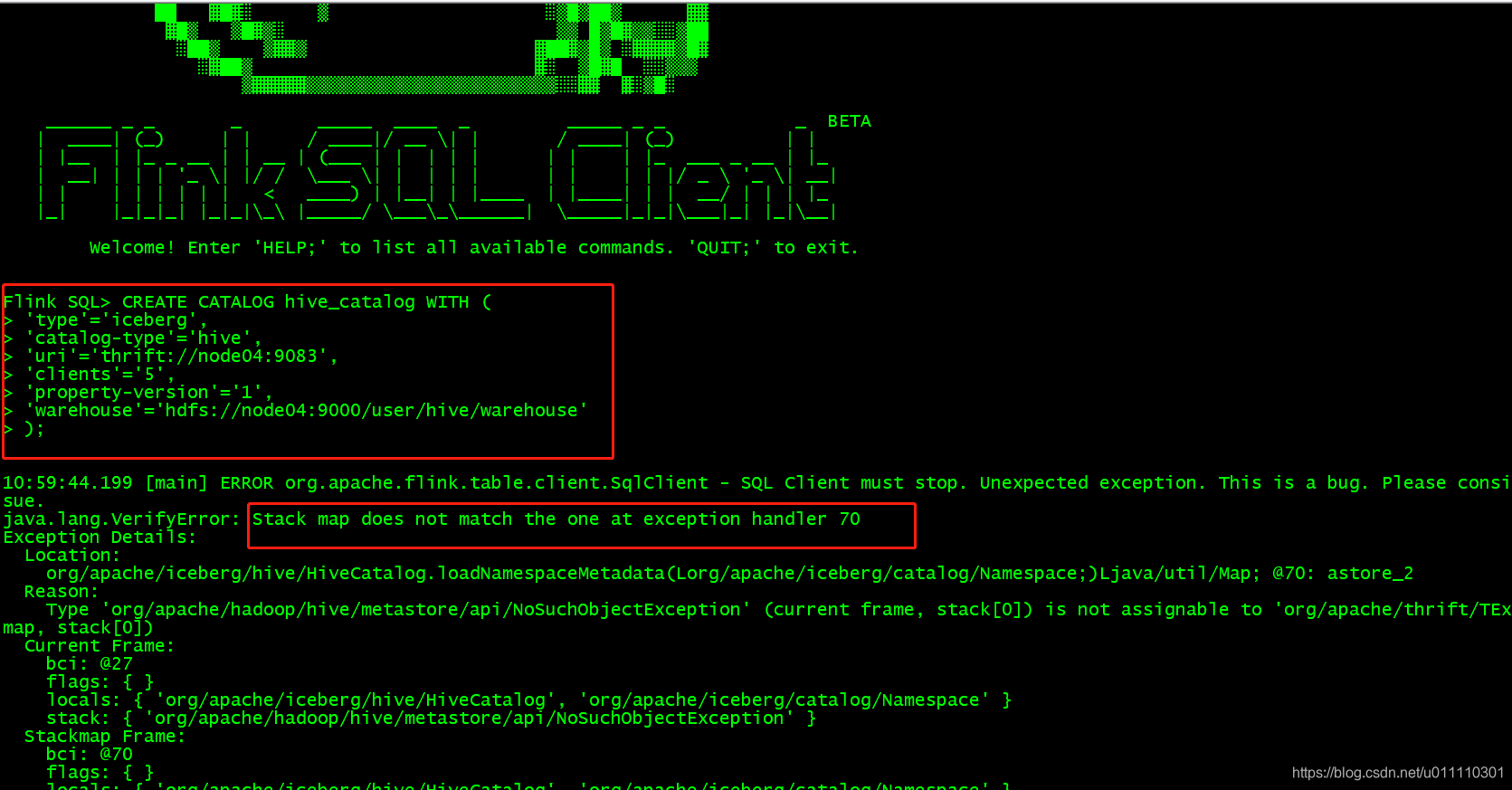 iceberg集成flinksql创建catalog报错：Stack map does not match the one at ...