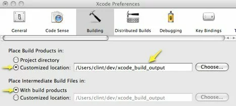 Screenshot: Xcode Global Build Output Settings Screenshot showing how the Xcode preference dialog and how to configure Xcode to use a global build output directory.