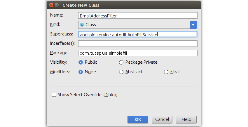 Create new class dialog