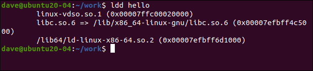 ldd hello in a terminal window.