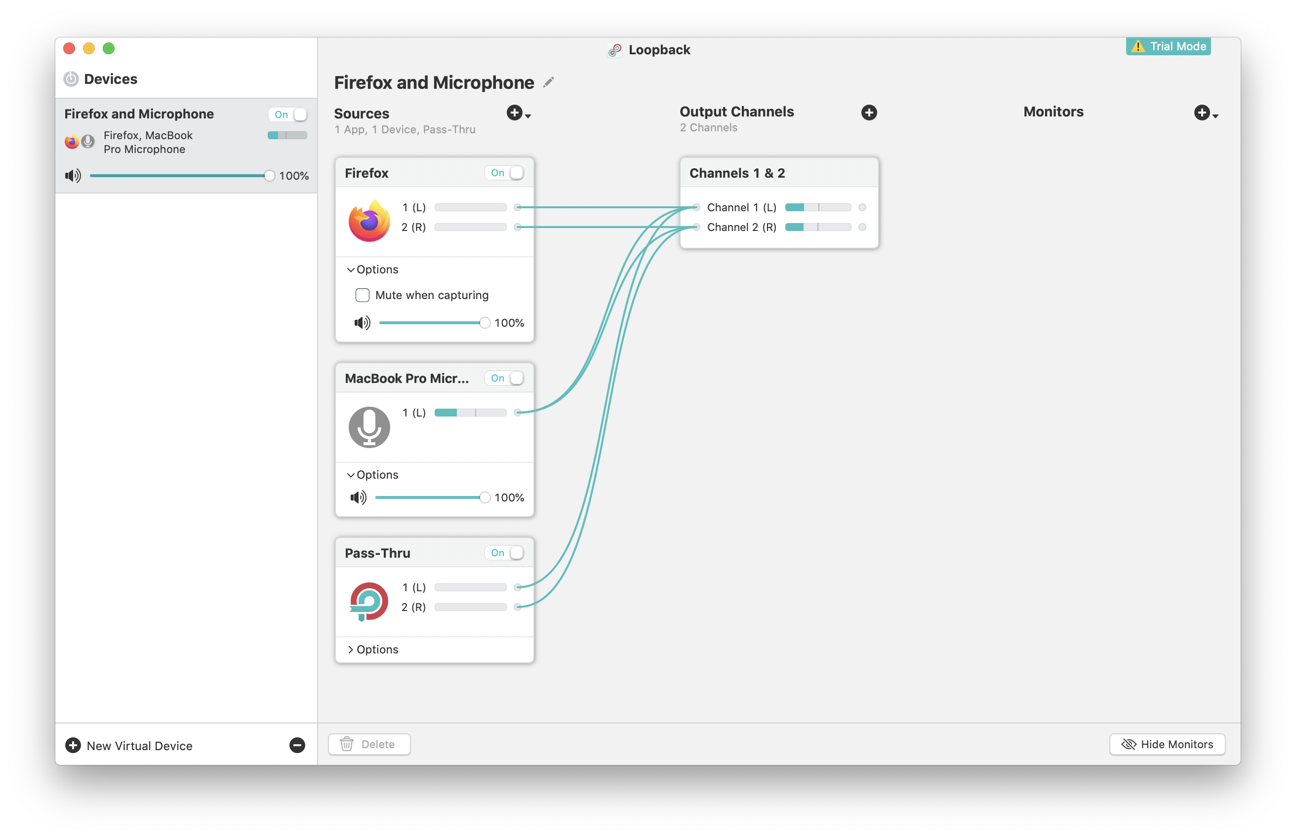 Loopback’s interface showing two inputs Firefox and internal Microphone.