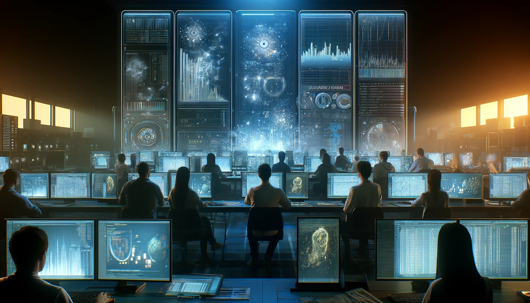 DALL·E 2024-04-29 17.34.07 - A futuristic computer lab with multiple high-tech screens displaying large CSV data files. The environment is dimly lit to emphasize the glow from the.webp