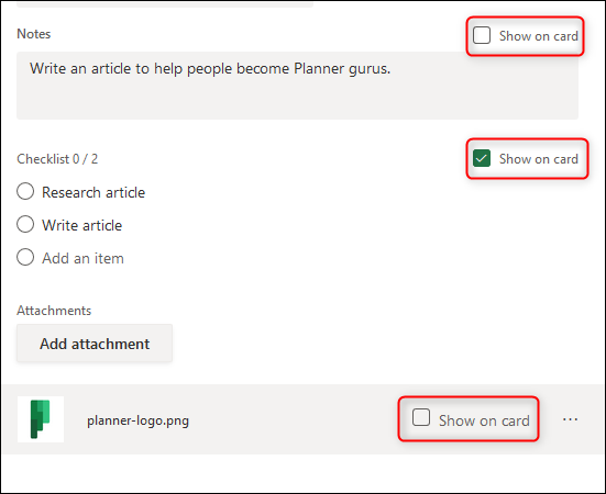 The task details with the "Show on card" options highlighted.