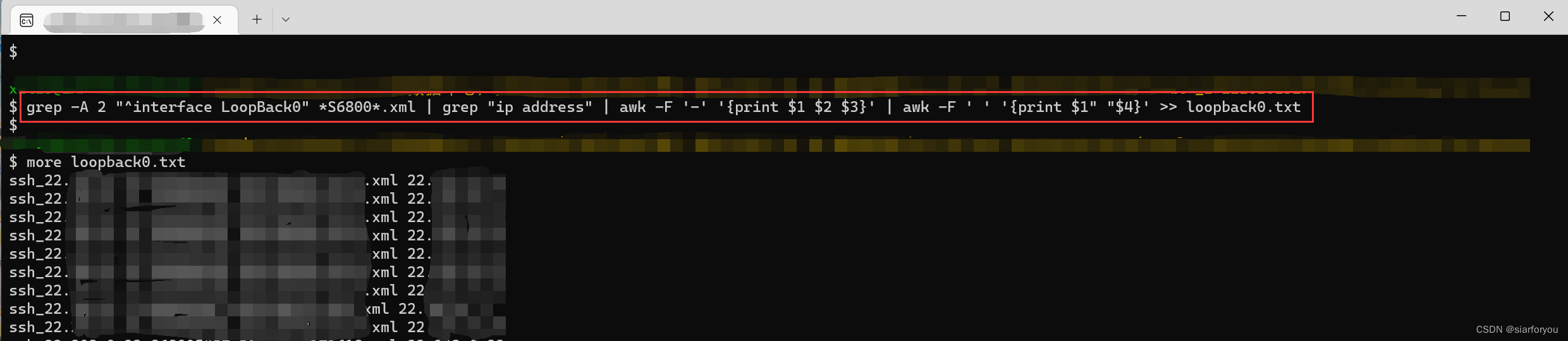 grep -A | grep | awk -F >> test.txt