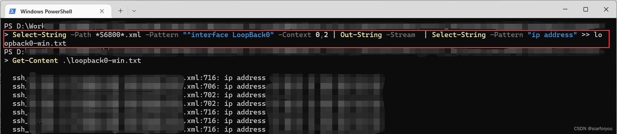 select-string | out-string | select-string >> test.txt