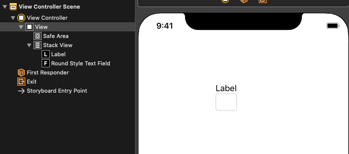 A screenshot of a storyboard ViewController that has a label and a text field nested inside a vertical StackView