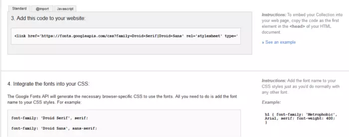 Google Fonts providing relevant code for inclusion of fonts in a website