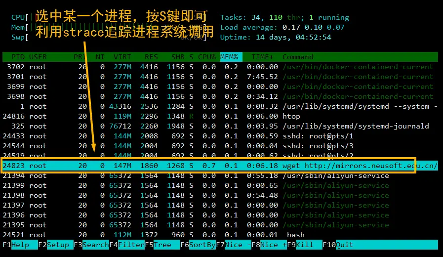 htop 进程跟踪功能