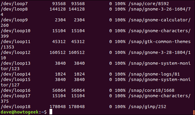 SquashFS file systems llisted in a terminal window.