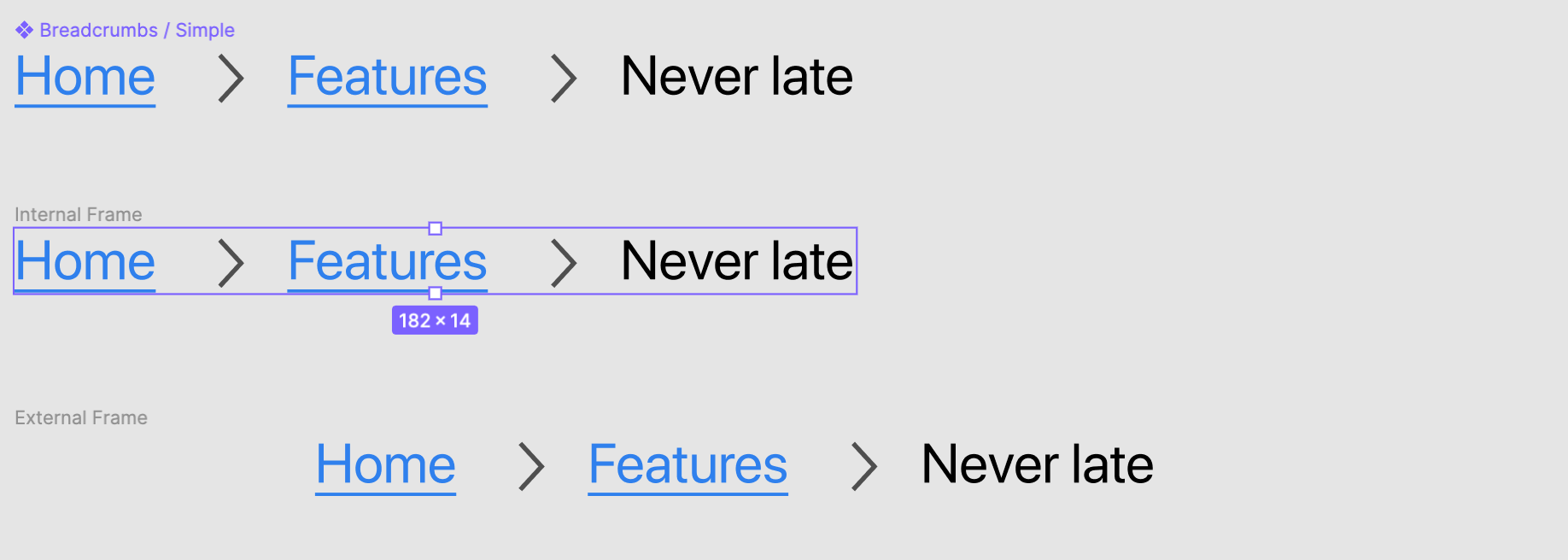 Screenshot in Figma of the three stages enhancing the Breadcrumb in increments, and how your editor’s main stage should look.