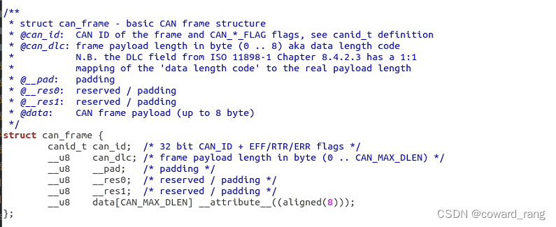 socketCAN中输出的can帧的数据结构体