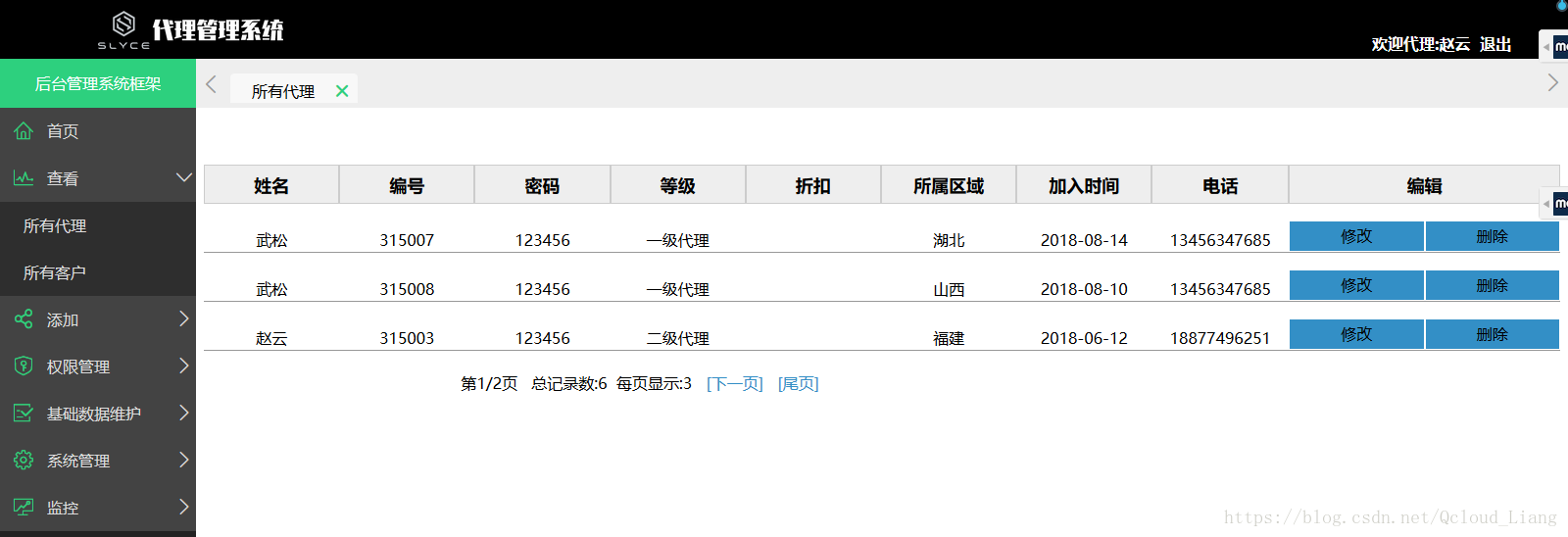 代理商查看所有所有的代理信息，并且可以修改信息和删除