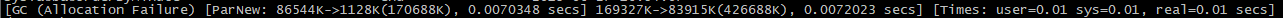 [GC (Allocation Failure) [ParNew: 86494K->1168K(170688K), 0.0084913 secs] 169236K->83951K(426688K), 0.0087381 secs] [Times: user=0.02 sys=0.00, real=0.01 secs]