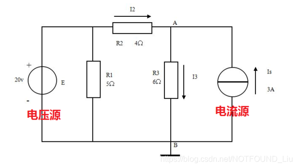 如图，左侧为电压源，右侧为电流源