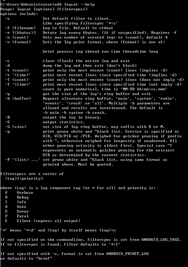 adb logcat --help