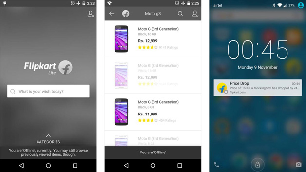 图3  FlipKart Lite离线时访问及推送消息效果展示（图片来源: Hux & Medium.com）