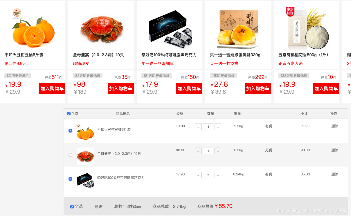 原生js实现购物车添加删除商品、计算价格