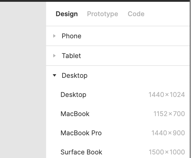 A snippet showing the built-in Frame size menu on the right, using popular screens sizes you may be designing for in Figma.