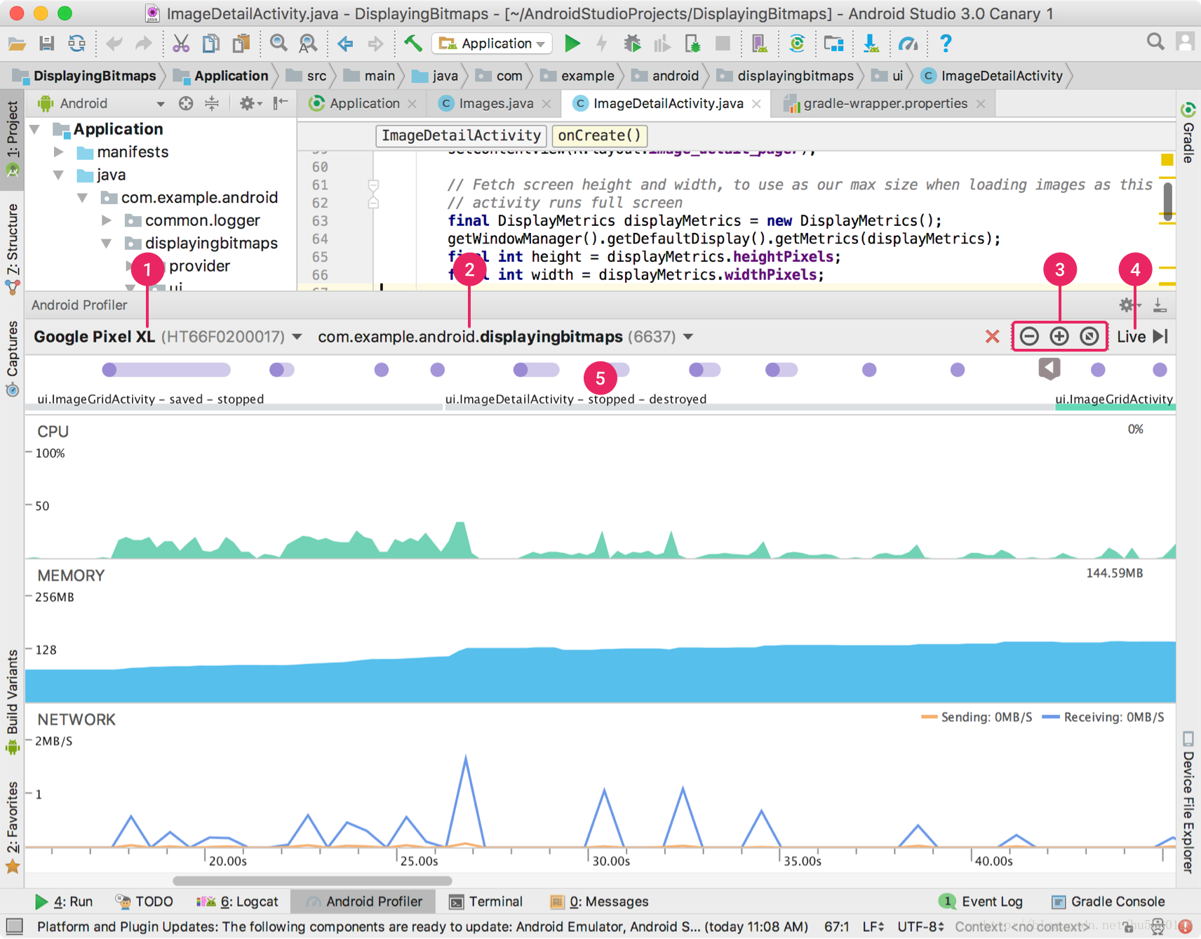 **图1**. Android Profiler 的标准时间线视图