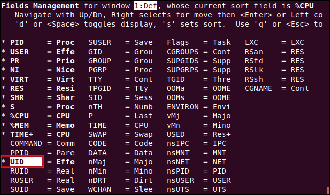 top displaying the field management screen with the UID column selected in a terminal window.