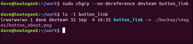 sudo chgrp --no-dereference devteam button_link in a terminal window