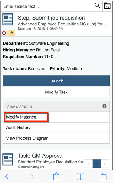 移动设备上的IBM BPM Process Portal中的任务详细信息的屏幕截图