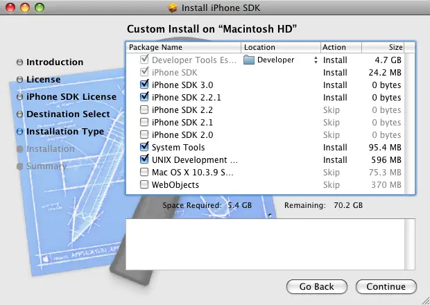 Selecting the iPhone SDK components to install