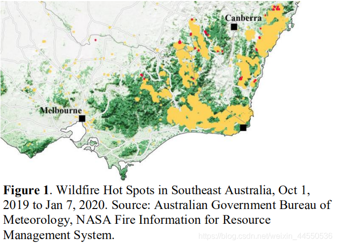 图1.澳大利亚东南部的野火热点，2019年10月1日至2020 年1月7日。资料来源：澳大利亚政府气象局，美国国家航 空航天局资源管理系统火灾信息。