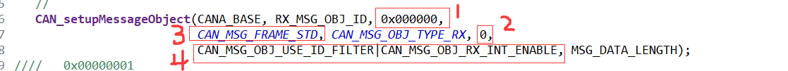 2的位置，本身是0x00000001,我修改为0x00000000，这样改是为了将过滤器忽略（这也是一直接收不到STM32数据的原因）                             2、3、4按照上述，修改完毕后，1的位置，无论如何改msgID（当然，这个地方的ID长度要注意一下，它是与3的位置配置的STD和EXT模式相关，STD模式不能超过11位，EXT不能超过29位），都不影响数据的接收。                                                                              至此，STM32F407发送数据，F28388D接收数据的过程，按照上述修改，可以实现调通。                    
