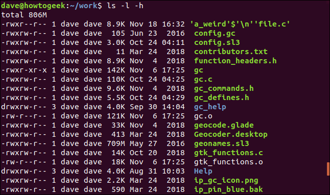 ls -l -h in a terminal window