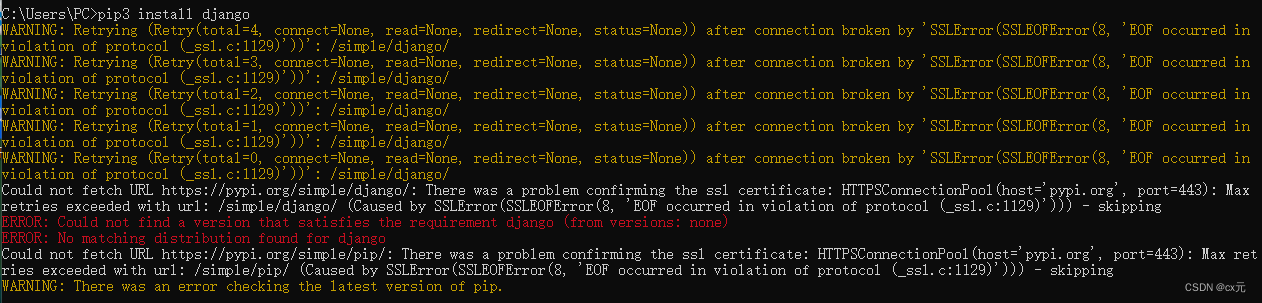pip安装报错Could not fetch URL https://pypi.org/simple/xx/: There was a ...
