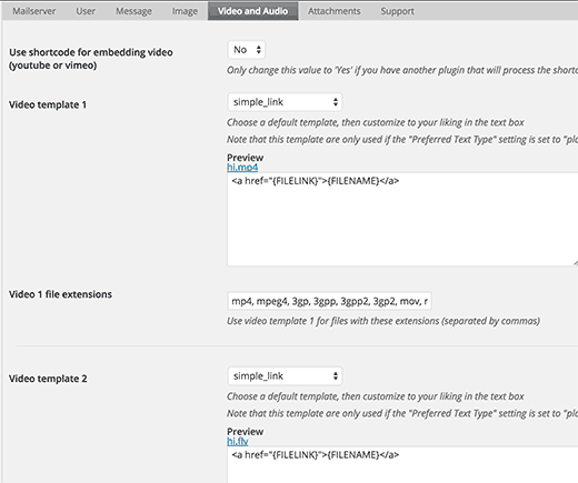 Postie audio and video settings