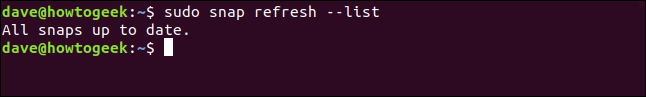 The "sudo snap refresh --list" command in a terminal window.