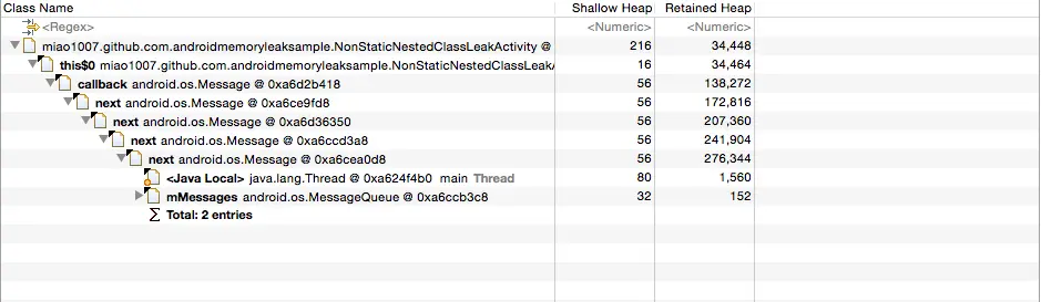 Message in looper hold a reference to Activity