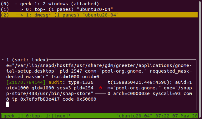 tmux window list displayed in a terminal window.