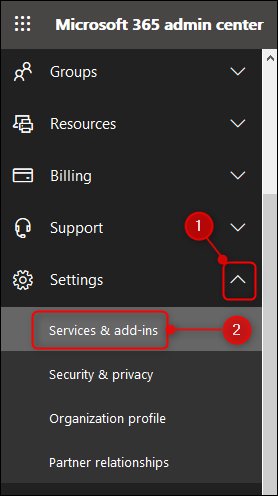 The "Services & add-ins" option in the Admin menu