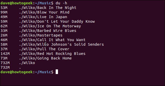 The "du -h" command in a terminal window.