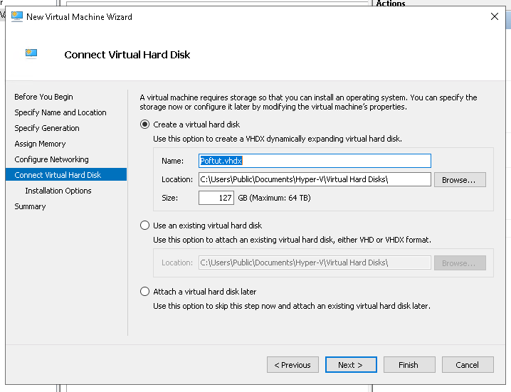 Set Hard Disk File and Size For VM In Hyper-V