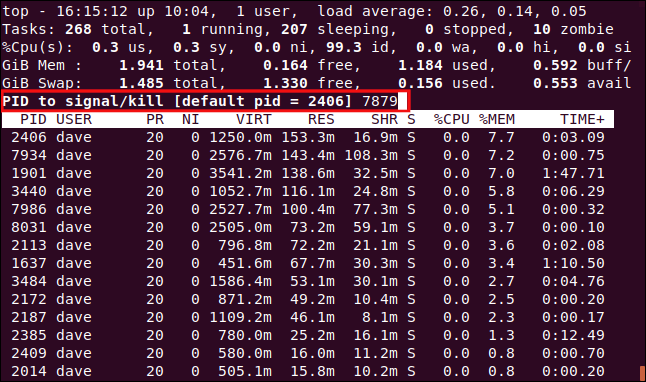 top prompting for a process id, in a terminal window.