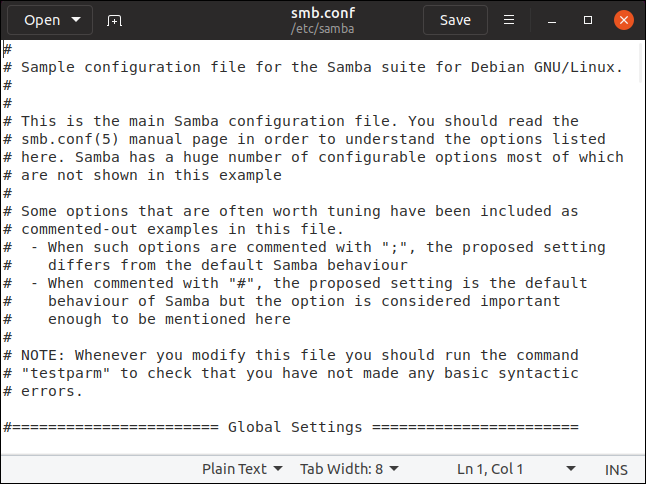gedit editing smb.conf