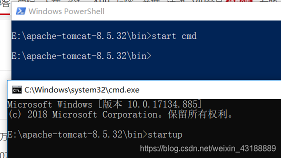 windos10在当前文件目录下 shift+右键 打开powershell,再输入 start cmd 进入cmd原来的cmd窗口，再输入startup命令