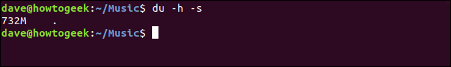 The "du -h -s" command in a terminal window.