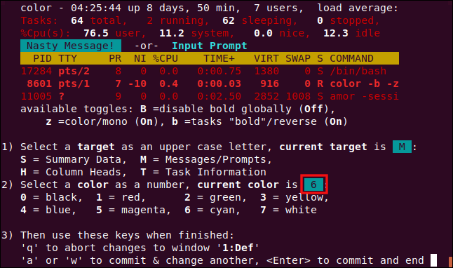 top color settings window with color 6 selected, in a terminal window.