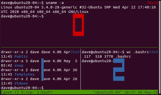 tmux showing pane numbers in a terminal window.