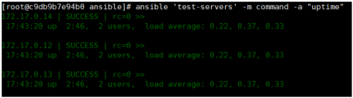 [root@c9db9b7e94b0  ansible 'test-servers  -m command  -a  uptime "  172.  172.  172.  17.@.14  up  17.@.12  up  17.@.13  up  SUCCESS  2:46,  SUCCESS  2:46,  SUCCESS  2:46,  -Load average:  -Load average:  -Load average: