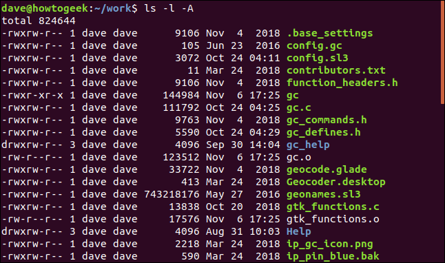 ls -l -A in a terminal window