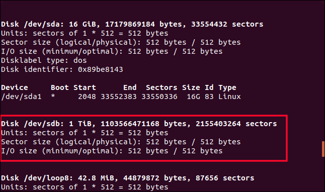 Output from fdisk in a terminal window with /dev/sdb highlighted