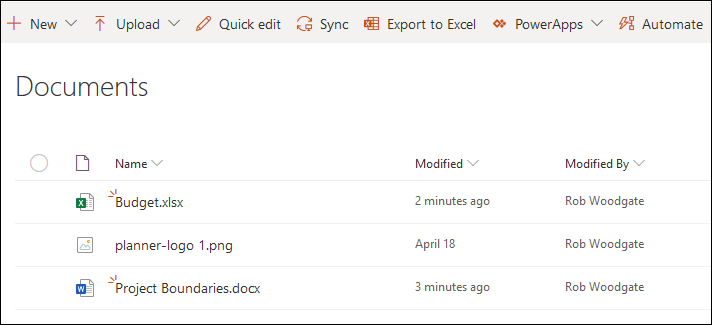 The Documents library for the plan, showing all the attachments.