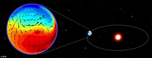 一位艺术家想象中的葛利斯581d行星右，外表称暗红色